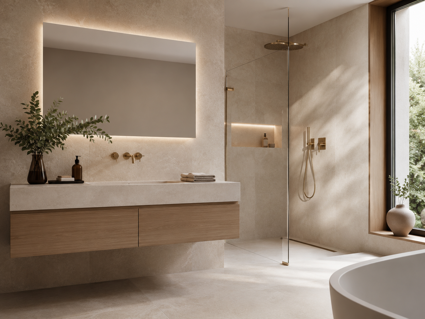 Modernes Bad mit Naturstein-Optik und ebenerdiger Dusche