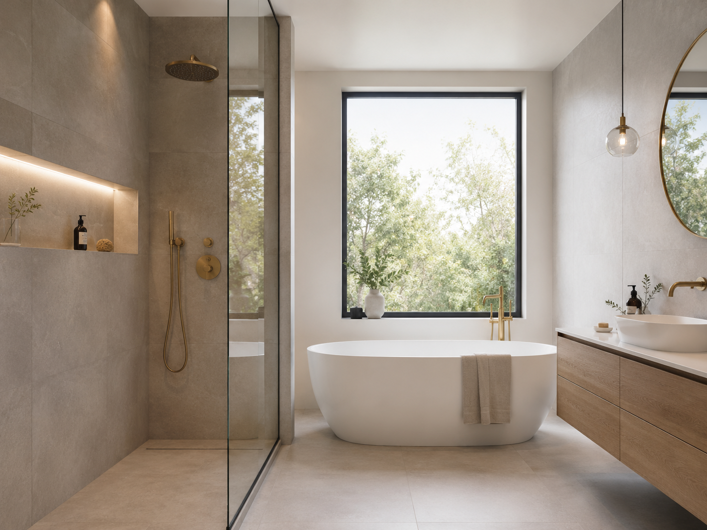 Modernes Bad mit freistehender Wanne, Naturstein-Optik und Messing-Armaturen